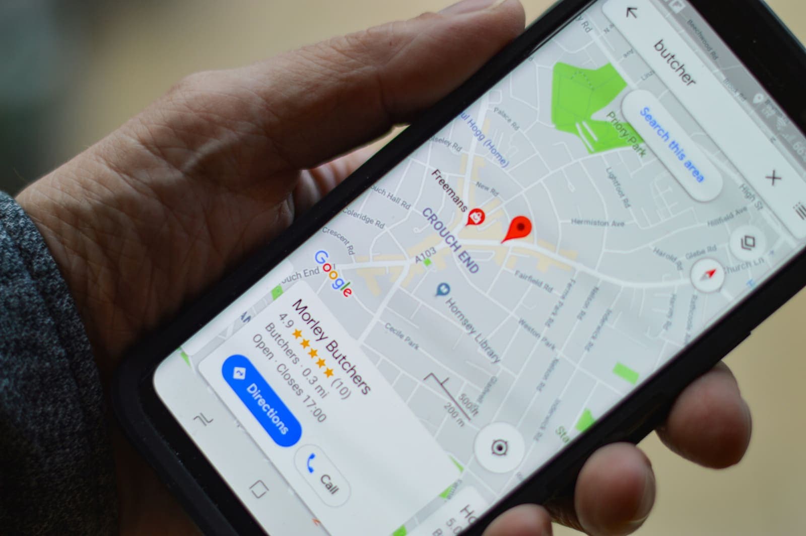 Google Maps listing for a local restaurant showing rating, hours, and directions