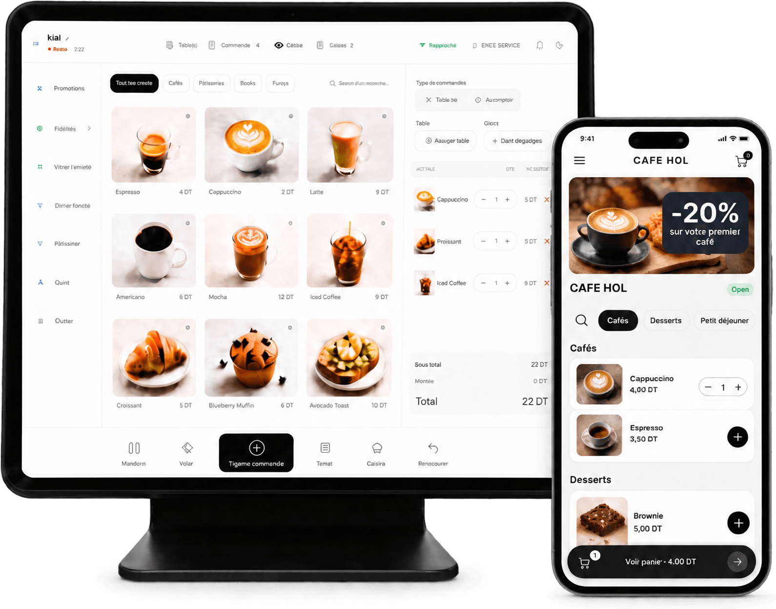 La caisse Kessti sur une tablette et l'application de commande client sur un téléphone, côte à côte